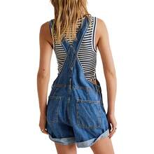 Denim Overalls Mini Dress For Women High Stretchy Adjustable Strap Jean Short Dress With Pockets, Solid Color/Camouflage/4th Of July USA Flag Print Sleeveless Suspender Dress - F130-Xanh đậm - Xem 5