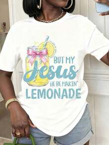 1pcs Women's Tops Summer T-Shirt With Jesus Lemonade Jar Design Casual Round Neck Short Sleeve Tee Summer Wear For Faithful Friends And Family Giftsplayeras de mujer - Negro - Ver 7