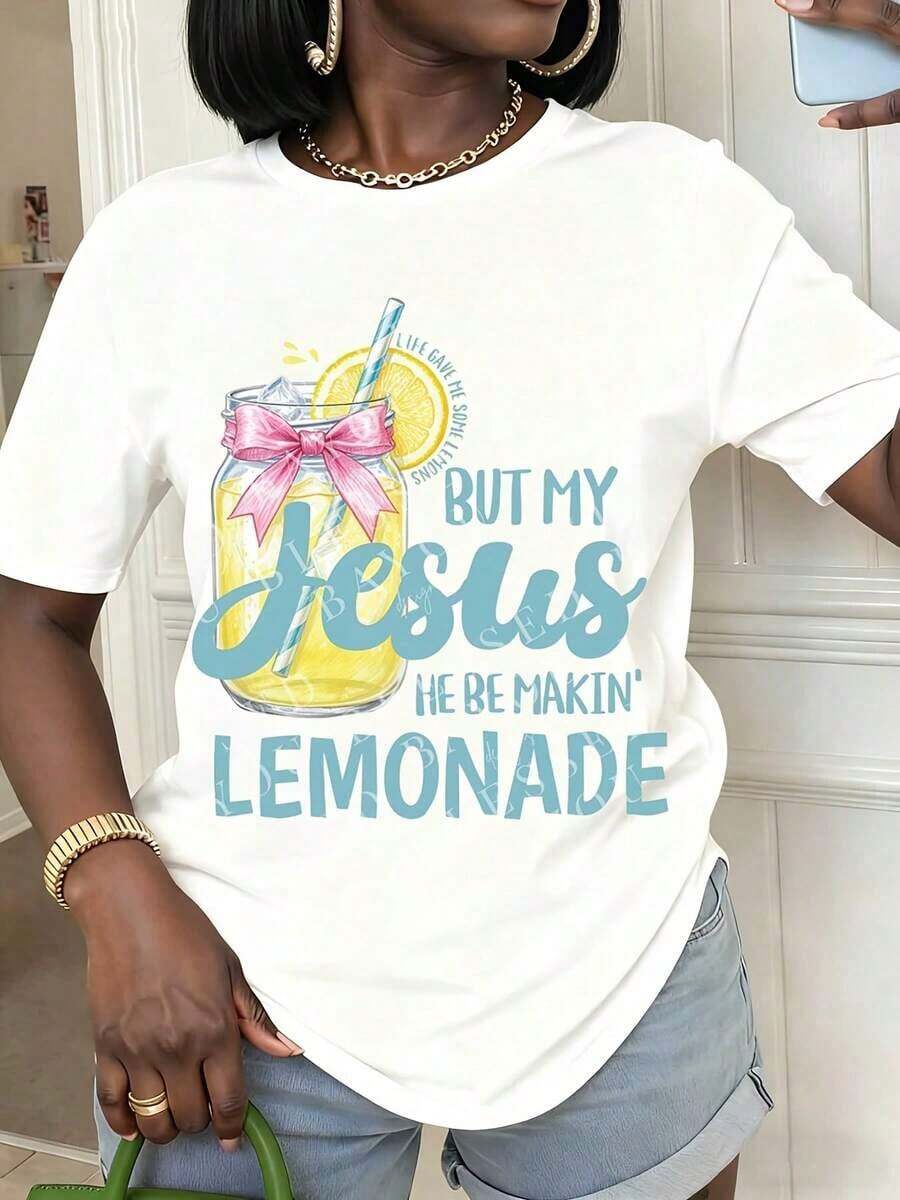 1pcs Women's Tops Summer T-Shirt With Jesus Lemonade Jar Design Casual Round Neck Short Sleeve Tee Summer Wear For Faithful Friends And Family Giftsplayeras de mujer - Blanco - Ver 1