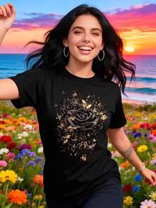 Camiseta Deportiva Casual para Mujer en Negro con Diseño de Salpicaduras en Rosa y Dorado - Camiseta Elástica de Cuello Redondo, Lavable aáquina, Ajuste Cómodo, para Todas las Estaciones, Perfecta para un Look Casual y Deportivo. - Negro - Ver 6