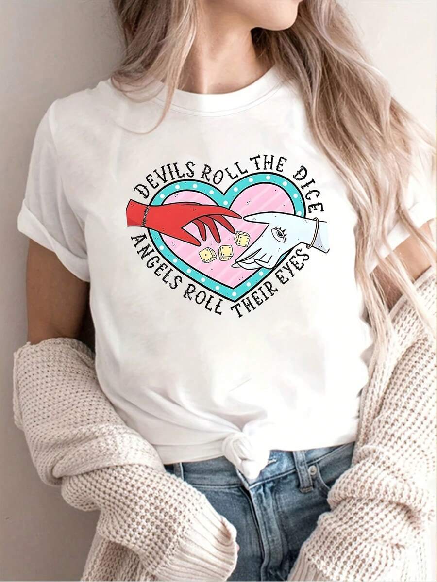 Camiseta Deportiva Casual para Mujer con Diseño Gráfico de Corazón y Texto - Camiseta Elástica de Cuello Redondo, Lavable aáquina, Ajuste Cómodo para Todas las Estaciones, Perfecta para Uso Diario y Ocasiones Informales. - Blanco - Ver 1