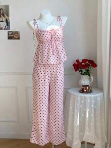 xhexheComfortcana Conjunto de 2 piezas de camiseta de tirantes y pantalones con estampado de lunares, estilo casual de primavera para mujer.Conjunto de 2 piezas de lunares lindo para verano.Conjunto de 2 piezas de lunares para Halloween.xhexhe - Rosa - Ver 4