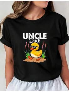 Camiseta Deportiva Casual para Mujer con Divertido Diseño de Pato de Caricatura y Texto - Camiseta Negra Elástica de Cuello Redondo, Lavable aáquina, Ajuste Cómodo para Todas las Estaciones, para Uso Diario y Amantes de la Diversión. - Negro - Ver 1
