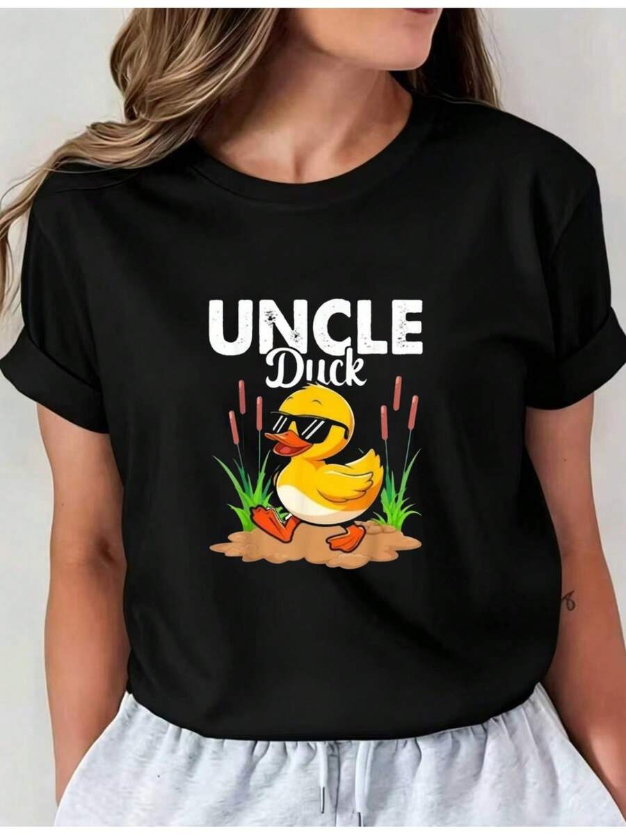 Camiseta Deportiva Casual para Mujer con Divertido Diseño de Pato de Caricatura y Texto - Camiseta Negra Elástica de Cuello Redondo, Lavable aáquina, Ajuste Cómodo para Todas las Estaciones, para Uso Diario y Amantes de la Diversión. - Negro - Ver 1