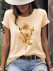 Women's T-Shirt With A Vintage Rose Print, Short Sleeves, And A Round Neck. The Gold Rose Flowers Add A Touch Of Luxury, Creating A Casual And Versatile Style. JQTF - 杏色 - 查看 6