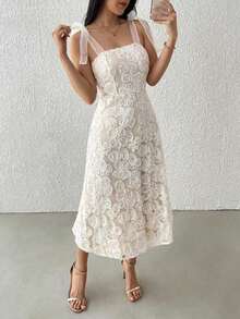Vestido de playa de largo medio con estampado jacquard, tirantes con lazo y estilo de vacaciones para mujer, color blanco - Albaricoque - Ver 5