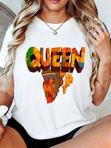 Camiseta de mujer - Impresión 3D audaz de "REINA" con mapa del continente africano, patrón de tela tradicional colorido, camiseta holgada, top casual transpirable de verano, regalo de poder femenino y herencia cultural para mujeres. - Blanco - Ver 1