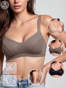 3 piezas Sujetador cómodo para dormir sin aros, copa suave, busto pequeño, unicolor para mujer - Multicolor - Ver 1