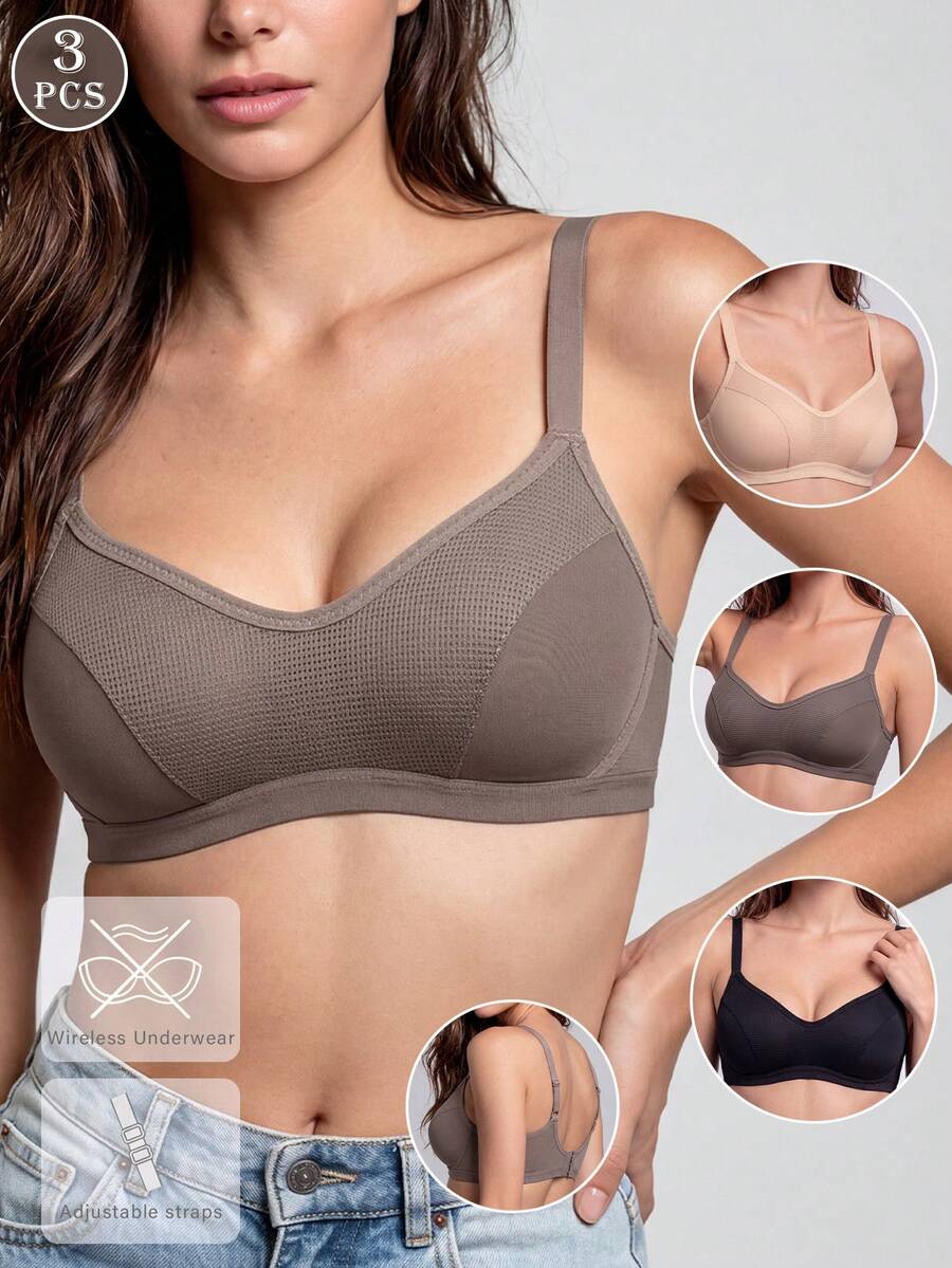 3 piezas Sujetador cómodo para dormir sin aros, copa suave, busto pequeño, unicolor para mujer - Multicolor - Ver 1