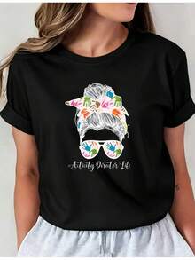 Creative T-Shirt With Colorful Hand Print And Fashion Glasses For Adults, Casual Round Neck, Short Sleeve, Elastic Fabric, Machine Washable, Casual Round Neck Top, Comfortable Clothing For Women. - 黑色 - 查看 7