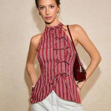 Blusa de verano con estampado de rayas, lazo decorativo y ajuste ceñido para uso casual, de viaje y diario - Café integral - Ver 7