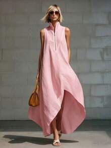 Women's Dress 2026 European American Minimalist Style, Sleeveless With Half Zipper Closure Loose Fit In Cotton Linen Fabric - 粉色 - 查看 1