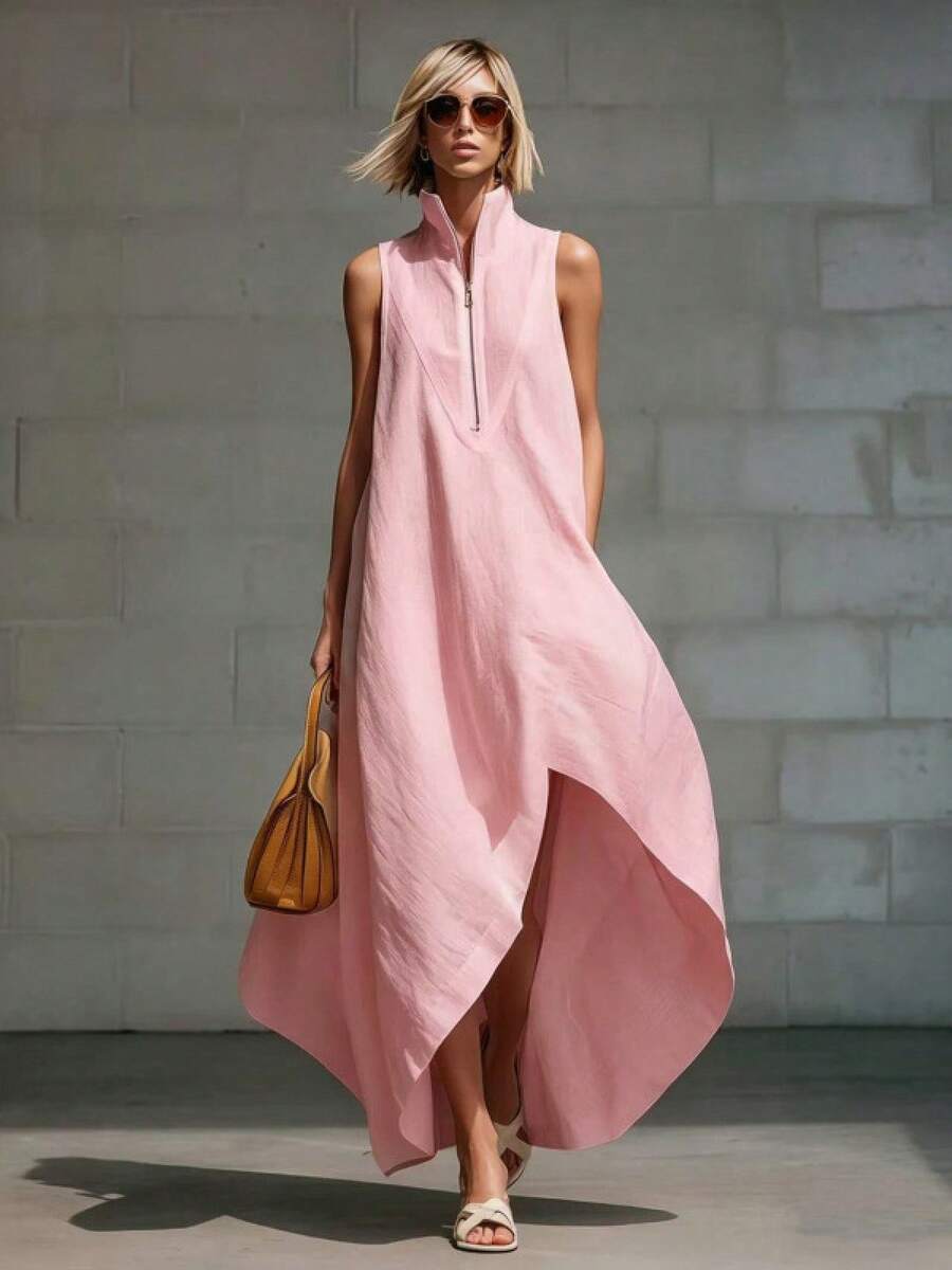 Women's Dress 2026 European American Minimalist Style, Sleeveless With Half Zipper Closure Loose Fit In Cotton Linen Fabric - 粉色 - 查看 1