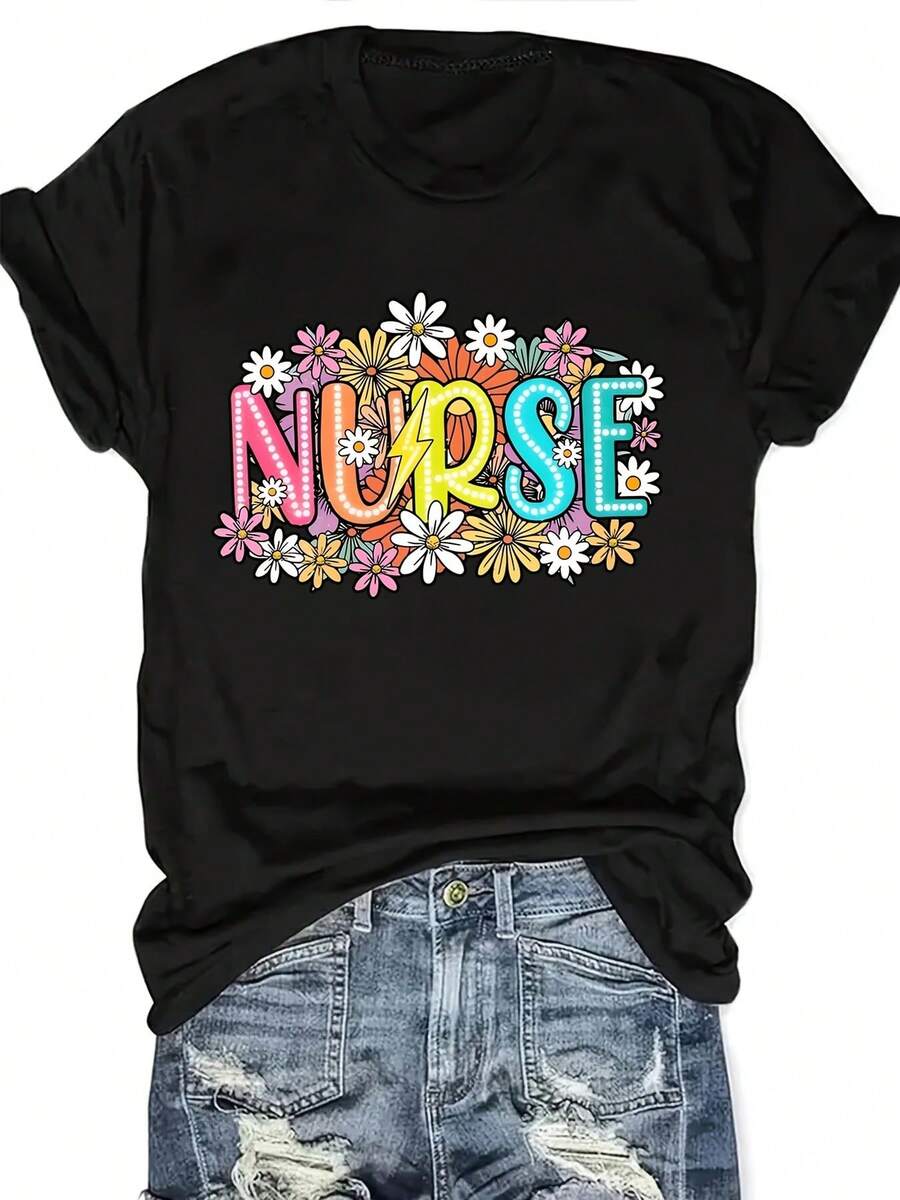 Women's Casual Blouse, Simple Style For Everyday Wear, Ideal For Mother's Day Or Nurse's Day. Plus Size Women's Casual T-Shirt With A Floral Nurse Design, Short Sleeves, Slightly Stretchy Fabric, Suitable For All Seasons, Casual Wear, Fun Letter Print T-Shirt, Comfortable Fit, Popular Gift For Nurses, Summer Wear For Women. - 黑色 - 查看 1