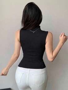 Tops de mujer de cuello alto, ajustados, sin mangas y con envolvente - Negro 2 - Ver 4