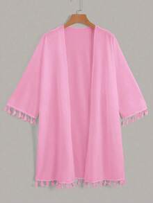 Kimono suelto con mangas con flecos de unicolor para mujer, adecuado para vacaciones - Rosa - Ver 1