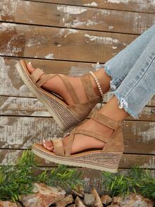 Plus Size Women's Single Strap Wedge Heel Sandals, 2026 Summer New Fashion Fairy Style Solid Color Vacation Bohemian - Brown - View 2