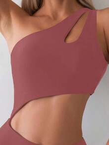 Traje de baño de una sola pieza con cuello asimétrico y huecos en unicolor para mujer, ideal para vacaciones - Marrón - Ver 4