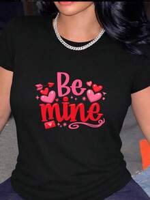 1 Piece Of Short-Sleeved T-Shirt, 100% Cotton, Casual Round Neck With Print, Black Background And Geometric Design In The Shape Of A Pink And Red Heart, Breathable Short Sleeve For Daily Use - 黑色 - 查看 1
