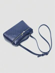 1 pieza Bolso de hombro cuadrado de unicolor con textura de grano de litchi en PU, bolso de mano pequeño para mujer, adecuado para combinar con diaria, salidas, compras, fiestas, bol - Niebla azul - Ver 9