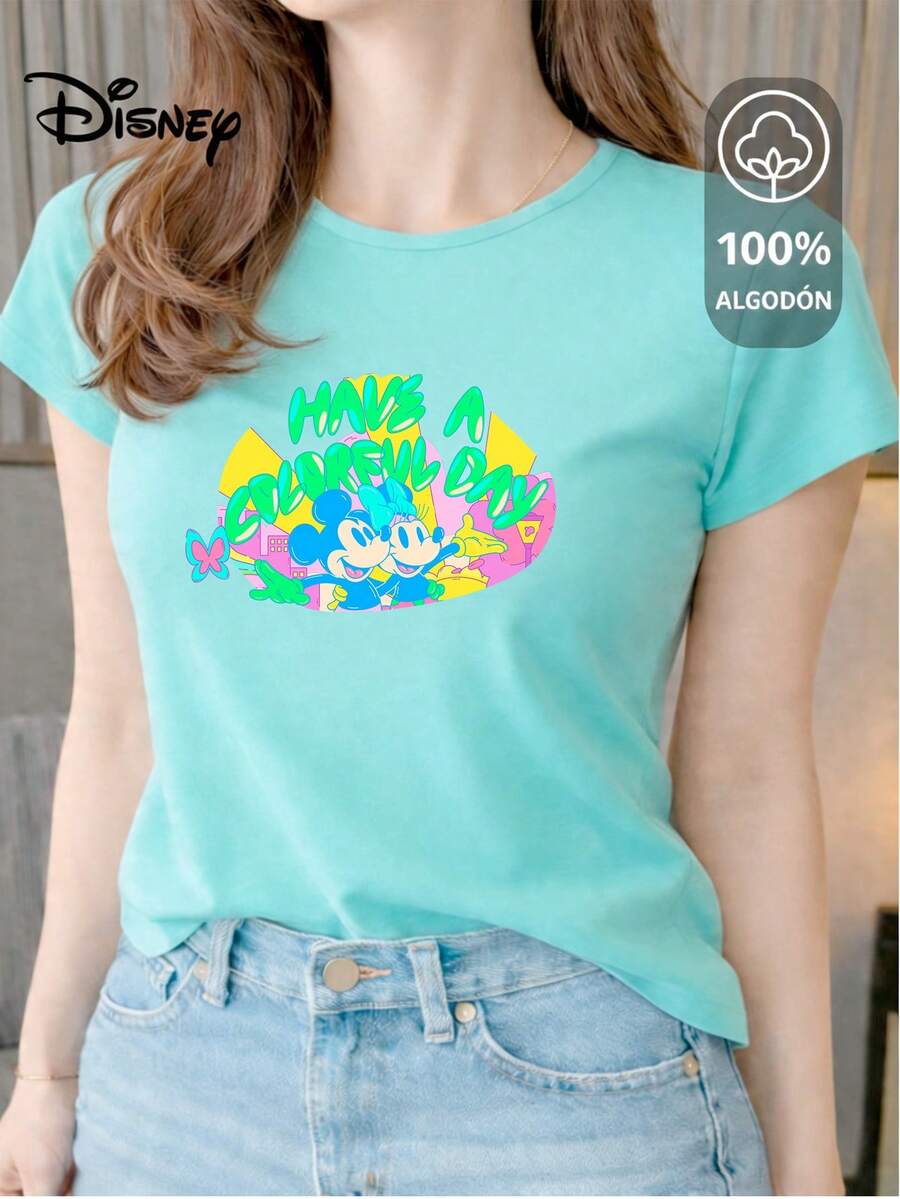 Women's T-Shirt Made Of 100% High-Quality Cotton, This T-Shirt Guarantees Exceptional Softness To The Touch, Round Neck With "Disney Mickey & Minnie Have A Colorful Day" Print And Short Sleeves - 水 - 查看 1