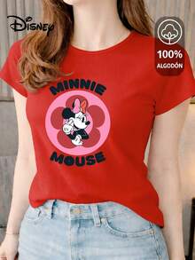 Women's T-Shirt Made Of 100% High-Quality Cotton. This T-Shirt Guarantees Exceptional Softness To The Touch, With A Round Neck, "Disney Minnie Mouse Flower" Print, And Short Sleeves. - 紅色 - 查看 1