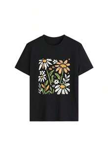 Sold Separately, Not A Three-Piece Set. Women's Vintage American-Style Printed T-Shirt, Soft And Comfortable, Available In Various Styles. Three Designs To Choose From. Made From 100% Pure Cotton, It's Ideal For Working Out, Everyday Wear, Vacations, School, The Office, And Parties. - 黑色 - 查看 4