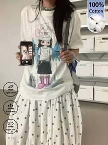 Camiseta personalizada con estampado de grafiti estilo soft girl, top holgado informal de manga corta para mujer, camiseta de algodón holgada unisex de manga corta con cuello redondo, estilo vintage urbano, color blanco, para verano. - Blanco - Ver 7