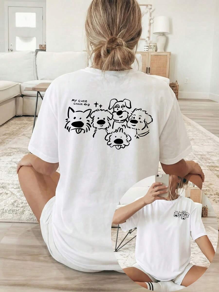 Women's Short-Sleeved Crew Neck T-Shirt, Personalized [Double-Sided Print], Suitable For All Seasons, Comfortable, With Five Cartoon Puppy Designs And English Text, Versatile Clothing, Comfortable Material, Short-Sleeved T-Shirt, For Fashion Enthusiasts - Unisex Urban Vintage Style Loose Cotton T-Shirt. - 白色 - 查看 1