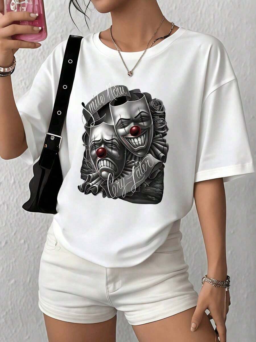 100% Cotton. Theatrical Masks Symbolizing The Duality Between Smiling At Life And Crying In Private, Reflecting Deep Human Emotions. Women's 100% Cotton Simple Solid Color T-Shirt, Loose And Slim Fit Casual Short Sleeve - 白色的 - 查看 1