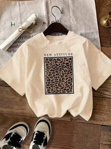 Plus Size, Leopard Print, New Summer T-Shirt For Women, Short Sleeve Top, Fashionable Casual Printed T-Shirt, Elegant Clothing For Women - 杏色 - 查看 1