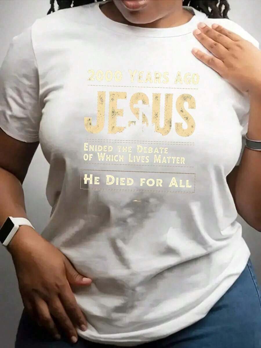 Camiseta de algodón puro para mujer, estilo casual, de manga corta y cuello redondo, con estampado gráfico temático de debate, ideal para primavera y verano. Éxito de de verano. - Blanco - Ver 1