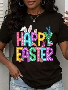Women's T-Shirt 2026, New Arrival, Easter T-Shirt With Bunny Ears And Colorful Letters For Women, Spring Festival T-Shirt, Easter Egg And Carrot Design, Cute Easter Outfit, Fashionable T-Shirt For Women - 黑色 - 查看 6