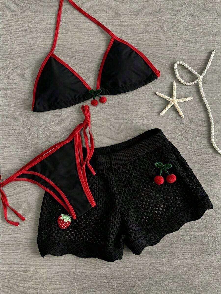 Pantalones cortos de verano de mujer con diseño de cerezas tejidas, con cortes, de moda, lindos y sexys - Negro - Ver 1