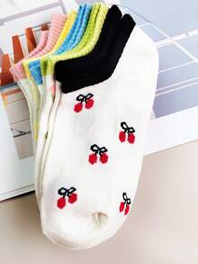 5 Pairs Women's Ankle Socks With Cute Cherry Pattern, Minimalist Ruffle Design, Comfortable White Socks In Random Colors, Suitable For All Seasons - Multicolor - View 3