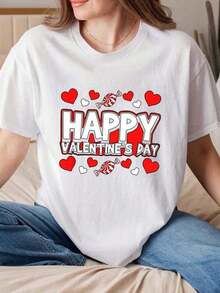 Women's Short Sleeve T-Shirt With Round Neck And Print Happy Valentine's Day Sweet Hearts S-3XL Fashionable, Comfortable And Breathable Uni Machine Washable - 白色 - 查看 1