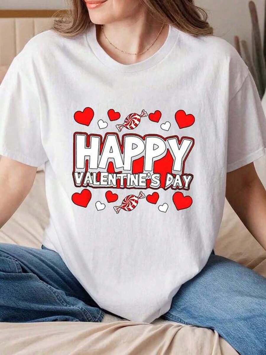 Women's Short Sleeve T-Shirt With Round Neck And Print Happy Valentine's Day Sweet Hearts S-3XL Fashionable, Comfortable And Breathable Uni Machine Washable - 白色 - 查看 1