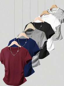 6 piezas de camisetas de manga corta con pliegues en la cintura, versátiles, para uso casual diario de mujeres - Burdeos - Ver 6