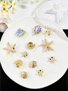20件米色鞋飾（海星、花朵、貝殼、蝴蝶結）適用於打孔拖鞋DIY裝飾配件，完美搭配單品，生日、節日、派對禮物首選 - 金色 - 查看 3