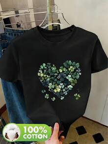 Simple And Versatile Design, Women's 100% Summer Casual T-Shirt With Round Neck, St. Patrick's Day Themed Print, Shamrock Print, Breathable T-Shirt For Spring/Summer/Autumn, Suitable For Casual Sports Outfits, Short Sleeve T-Shirt For Women, Cotton T-Shirt With Round Neck For Women. - 黑色 - 查看 1