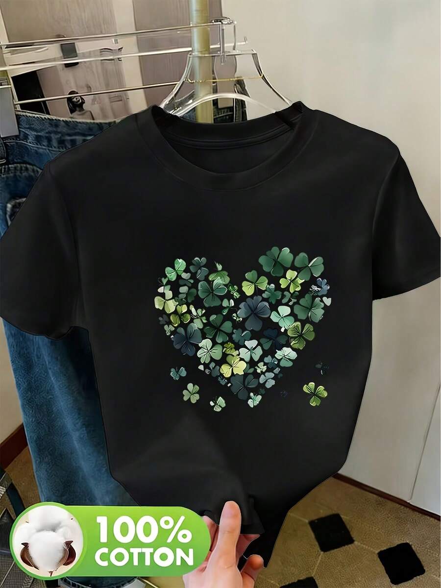 Simple And Versatile Design, Women's 100% Summer Casual T-Shirt With Round Neck, St. Patrick's Day Themed Print, Shamrock Print, Breathable T-Shirt For Spring/Summer/Autumn, Suitable For Casual Sports Outfits, Short Sleeve T-Shirt For Women, Cotton T-Shirt With Round Neck For Women. - 黑色 - 查看 1