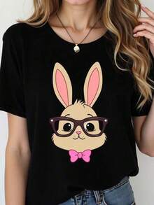 Camisetas Para Mujer AlgodónCamiseta divertida de conejo con gafas para mujer elegante y juvenil perfecta para usar en verano o casual en tallas grandes disponibles colores negro y blanco moda de primavera camiseta gráfica trendy mundial 2026 - Negro - Ver 6