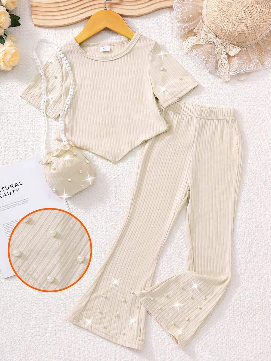 Bộ 2 món cho bé gái, áo thun tay ngắn đính ngọc trai + quần ống rộng cạp chun, bộ đồ mùa hè thoải mái kèm túi dệt kim. - Màu Khaki - Xem 1