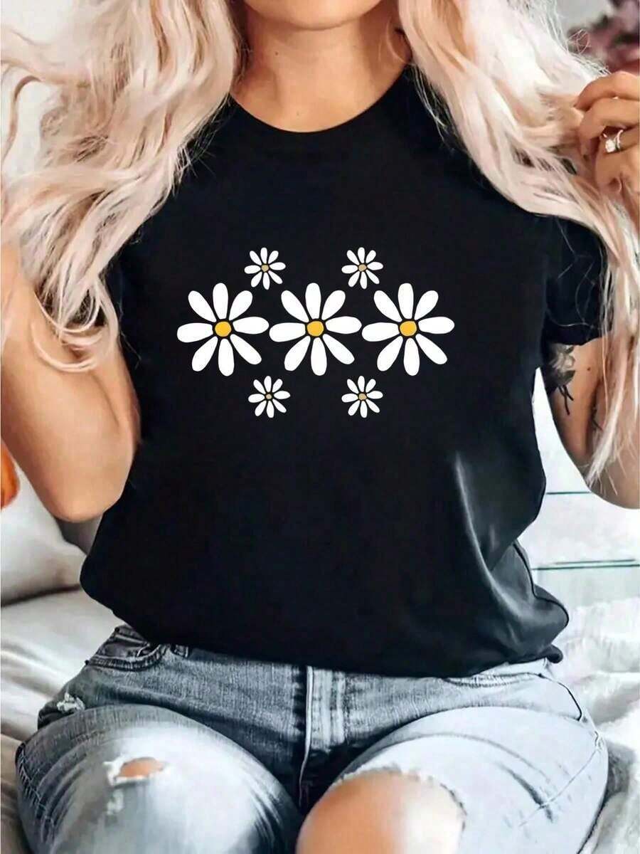 Camiseta de manga corta para mujer, transpirable, con estampado floral de margaritas negras - Corte relajado, cuello redondo, top casual, tela transpirable de elasticidad media, disponible en tallas grandes, lavable, para primavera, verano y otoño, ropa de vacaciones, estilo simple y elegante, material no transparente, playeras de mujer algodón, mujer premium. - Negro - Ver 1