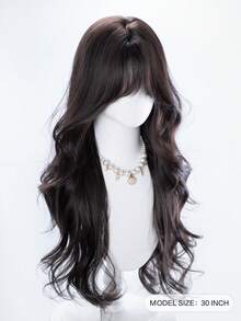 alicegarden Peluca sintética de 30 pulgadas de largo con un estilo ondulado natural en un impresionante negro-marrón. Diseñada con flequillo, esta pieza de cabello postizo es perfecta para el uso diario de la Sra., ofreciendo una peluca natural y duradera como regalo para las damas. (Sin accesorios) - Marrón oscuro - Ver 2