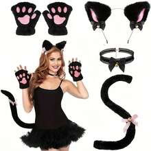 4pcs/3pcs/2pcs Cute Cartoon Cat Cosplay Accessory Set, Party Decorations, Includes Cat Ear Headband, Cat Paw Gloves, Cat Tail Necklace, Performance Props, Black & White Halloween Cat Cosplay Props Set - A - View 3