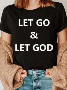 Camiseta Estampada para Mujer LET GO & LET GOD - Camiseta Casual de Manga Corta y Cuello Redondo en Negro, con Corte Relajado para Todas las Estaciones, Perfecta para el Uso Diario y Atuendos de Vacaciones, Lavable aáquina. - Negro - Ver 6