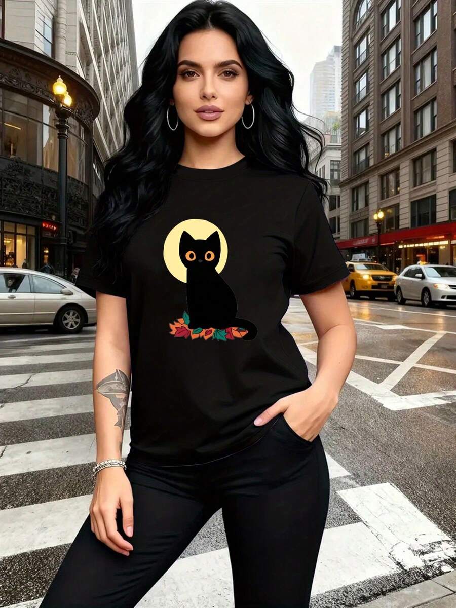 Camiseta unisex de manga corta, Camiseta de manga corta para mujer con estampado de gato y hojas de otoño - Blusa de cuello redondo con círculo amarillo - Top compatible| Camisa casual de verano lavable a máquina, adecuada para atuendos casuales, combinaciones de capas y conjuntos superpuestos.playeras hombre,spiderman,, mujer,romwe men,boho chic,maestras regalos,camiseta para mujerconjuntos curvy para mu,y2k - Negro - Ver 1