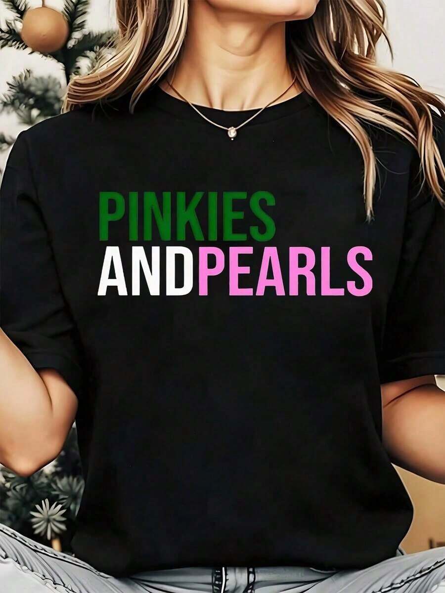 Women's Crew Neck T-Shirt With Pinkies And Pearls Print, Casual, For Summer, Vacation And Parties, 220g, Loose Fit T-Shirt For Women - 黑色 - 查看 1