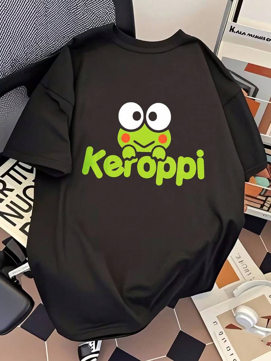 Women's Black Short-Sleeved T-Shirt With A Big-Eyed Frog Print, Featuring A Modern And Fresh Style, Loose Fit, Suitable As A Birthday Or Valentine's Day Gift. | Exquisite Design | Loose And Comfortable | Easy To Match | - 黑色胸前大圖 - 查看 1